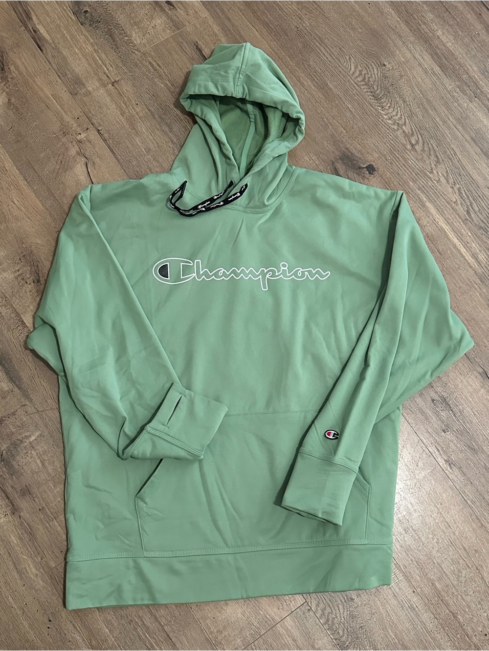 Champion Sage Green Men’s Pullover Hoodie with Script Logo Thumbhole Sleeves